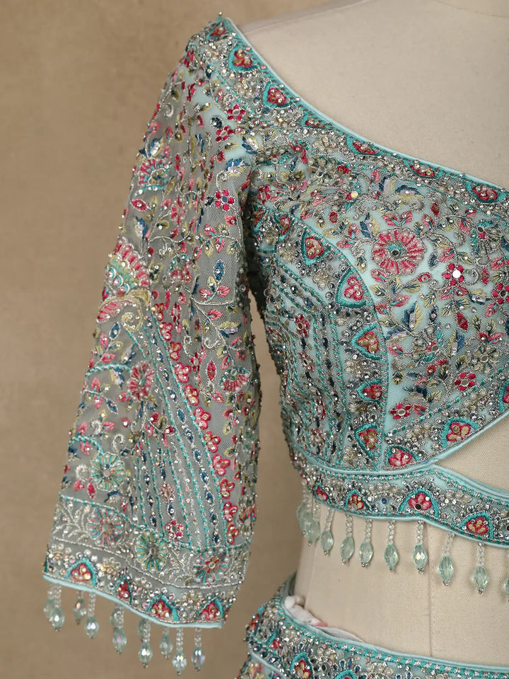 Aqua Blue Floral Embroidered Net Lehenga for Brides - Diadem