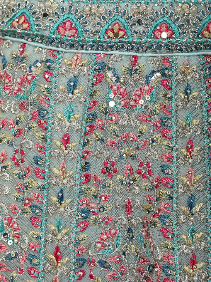 Aqua Blue Floral Embroidered Net Lehenga for Brides - Diadem