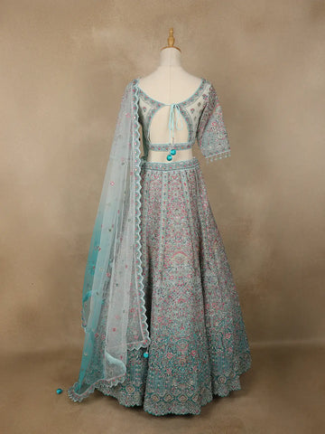 Aqua Blue Floral Embroidered Net Lehenga for Brides - Diadem