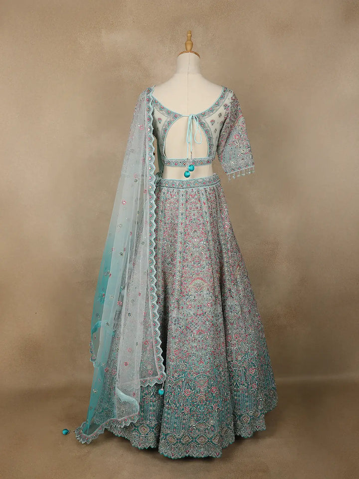 Aqua Blue Floral Embroidered Net Lehenga for Brides - Diadem
