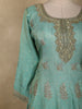 Aqua Blue Floral Embroidered Tissue Silk Palazzo Suit with Striped Dupatta