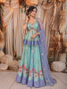 Aqua Blue Floral Mirror and Beads Embroidered Design Tussar Silk Peplum Palazzo Suit with Matching Dupatta