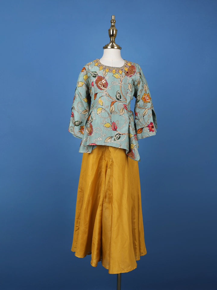 Aqua Blue Floral Printed Cotton Palazzo Suit - Diadem