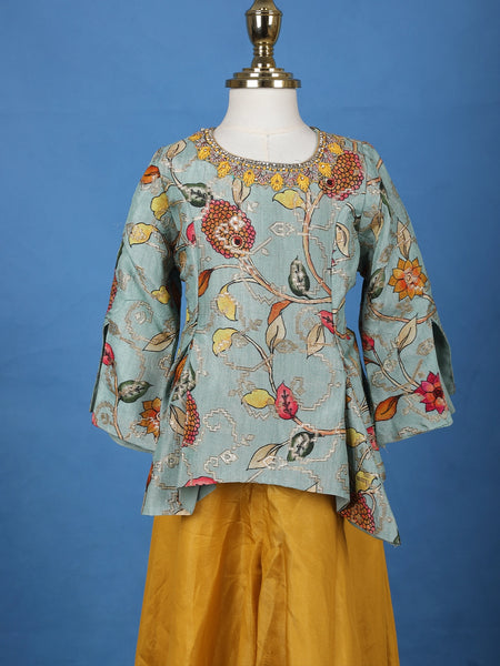 Aqua Blue Floral Printed Cotton Palazzo Suit - Diadem