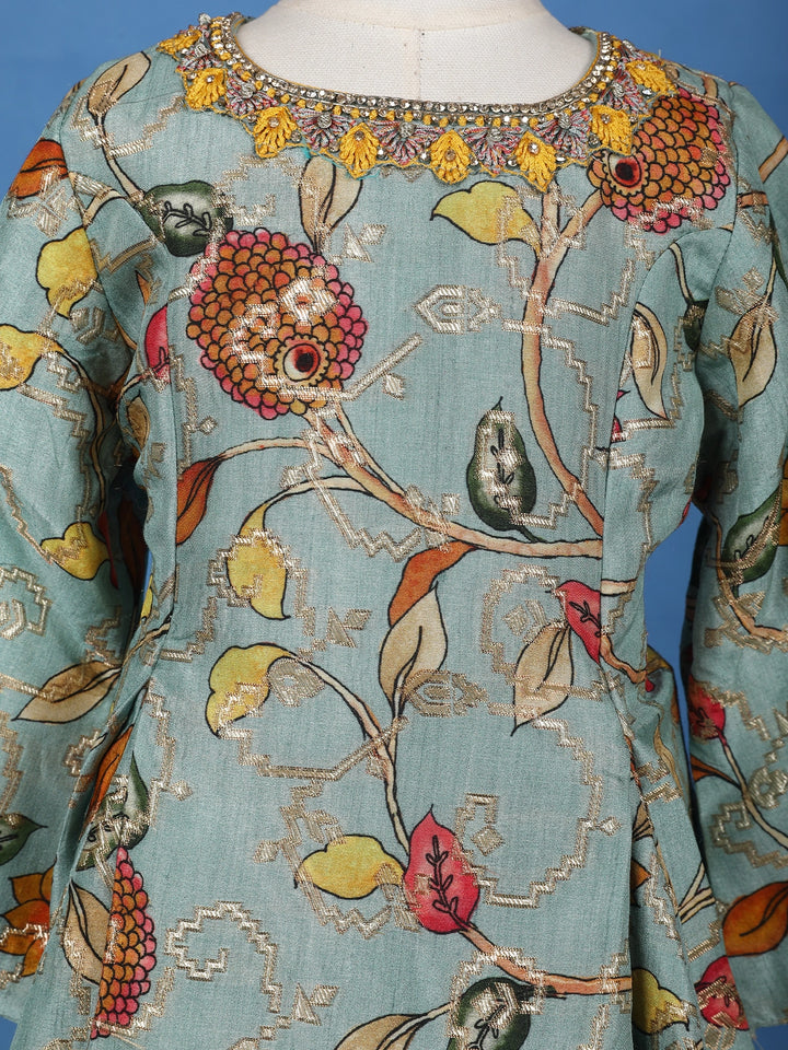 Aqua Blue Floral Printed Cotton Palazzo Suit - Diadem