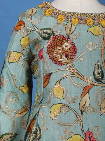 Aqua Blue Floral Printed Cotton Palazzo Suit - Diadem