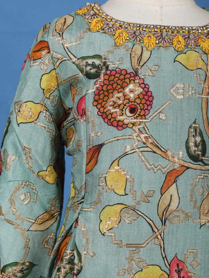 Aqua Blue Floral Printed Cotton Palazzo Suit - Diadem