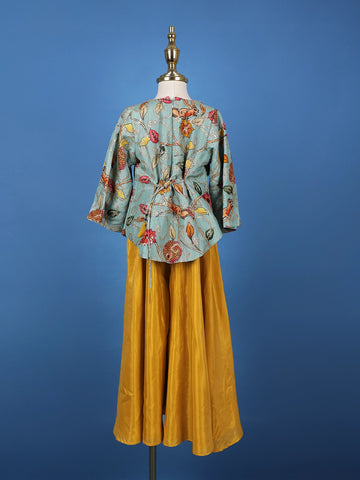 Aqua Blue Floral Printed Cotton Palazzo Suit - Diadem