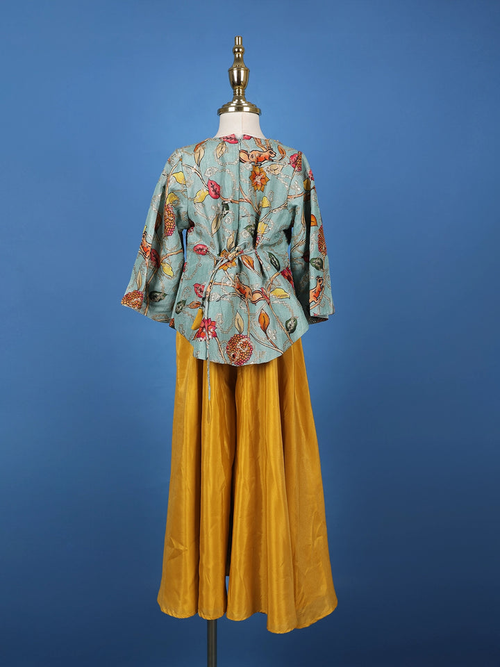 Aqua Blue Floral Printed Cotton Palazzo Suit - Diadem