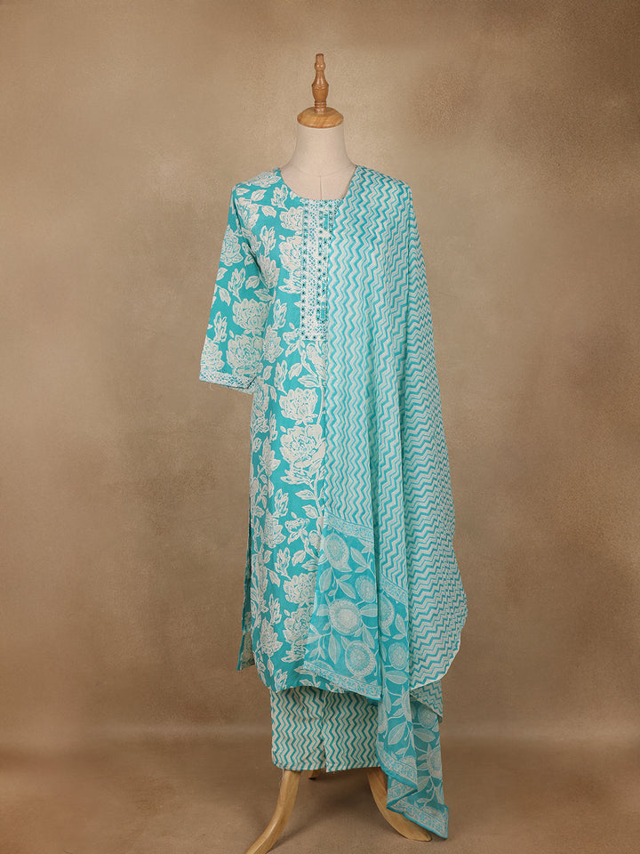 Aqua Blue Floral Printed Cotton Salwar Suit with Dupatta - Diadem