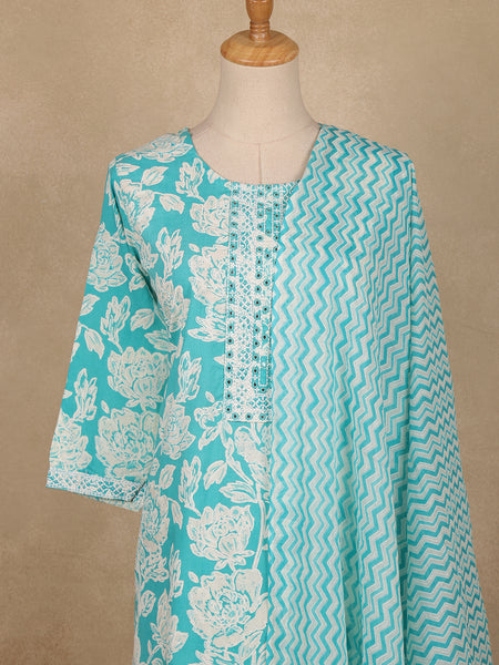 Aqua Blue Floral Printed Cotton Salwar Suit with Dupatta - Diadem