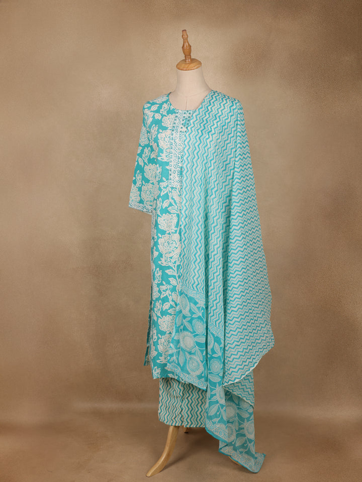Aqua Blue Floral Printed Cotton Salwar Suit with Dupatta - Diadem