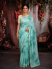 Aqua Blue Floral Printed Design Chiffon Party Wear Saree with Lace Border