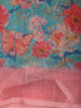 Aqua Blue Floral Printed Design Linen Cotton Saree