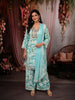 Aqua Blue Floral Printed and Mirror Embroidered Design Cotton Straight Cut Salwar Suit with Matching Dupatta