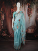 Aqua Blue Floral Printed and Sequins Embroidered Design Pure Organza Saree with Scalloped Border