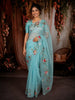 Aqua Blue Floral Printed and Sequins Embroidered Design Pure Organza Saree with Scalloped Border