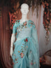 Aqua Blue Floral Printed and Sequins Embroidered Design Pure Organza Saree with Scalloped Border