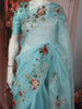Aqua Blue Floral Printed and Sequins Embroidered Design Pure Organza Saree with Scalloped Border