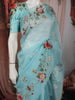 Aqua Blue Floral Printed and Sequins Embroidered Design Pure Organza Saree with Scalloped Border