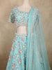 Aqua Blue Floral Sequins and Beads Embroidered Design Net Lehenga With Dupatta