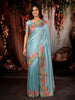 Aqua Blue Floral Thread Embroidered Design Pure Tissue Silk Party Wear Saree