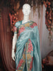 Aqua Blue Floral Thread Embroidered Design Pure Tissue Silk Party Wear Saree