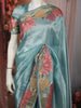 Aqua Blue Floral Thread Embroidered Design Pure Tissue Silk Party Wear Saree