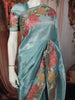 Aqua Blue Floral Thread Embroidered Design Pure Tissue Silk Party Wear Saree