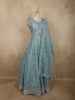 Aqua Blue Floral Thread and Mirror Embroidered Design Net Gown with Dupatta
