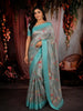 Aqua Blue Floral Vine Thread Embroidered Design Pure Tissue Silk Party Wear Saree with Zari Border