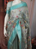 Aqua Blue Floral Vine Thread Embroidered Design Pure Tissue Silk Party Wear Saree with Zari Border