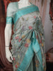 Aqua Blue Floral Vine Thread Embroidered Design Pure Tissue Silk Party Wear Saree with Zari Border
