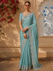 Aqua Blue Floral Zari Embroidered Design Pure Tussar Saree with Scalloped Border