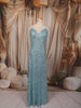 Aqua Blue Heavy Sequins Embroidered Design Sequins Fabric Party Wear Fish Cut Gown with Draped Beaded Shoulder Chains