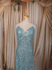 Aqua Blue Heavy Sequins Embroidered Design Sequins Fabric Party Wear Fish Cut Gown with Draped Beaded Shoulder Chains