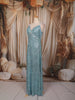 Aqua Blue Heavy Sequins Embroidered Design Sequins Fabric Party Wear Fish Cut Gown with Draped Beaded Shoulder Chains