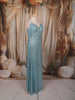 Aqua Blue Heavy Sequins Embroidered Design Sequins Fabric Party Wear Fish Cut Gown with Draped Beaded Shoulder Chains