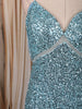 Aqua Blue Heavy Sequins Embroidered Design Sequins Fabric Party Wear Fish Cut Gown with Draped Beaded Shoulder Chains