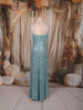 Aqua Blue Heavy Sequins Embroidered Design Sequins Fabric Party Wear Fish Cut Gown with Draped Beaded Shoulder Chains