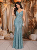Aqua Blue Heavy Sequins Embroidered Design Sequins Fabric Party Wear Fish Cut Gown with Draped Beaded Shoulder Chains