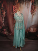 Aqua Blue Heavy Sequins and Beads Embroidered Design Organza Party Wear Palazzo Suit with Matching Dupatta