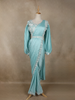 Aqua Blue Solid Design Georgette Ready To Wear Saree With Embellished Blouse and Balloon Puff Sleeves