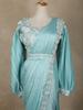 Aqua Blue Solid Design Georgette Ready To Wear Saree With Embellished Blouse and Balloon Puff Sleeves