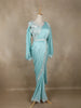 Aqua Blue Solid Design Georgette Ready To Wear Saree With Embellished Blouse and Balloon Puff Sleeves