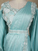 Aqua Blue Solid Design Georgette Ready To Wear Saree With Embellished Blouse and Balloon Puff Sleeves