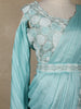Aqua Blue Solid Design Georgette Ready To Wear Saree With Embellished Blouse and Balloon Puff Sleeves