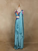 Aqua Blue Solid Design Satin Ready to Wear Draped Saree