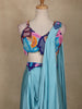 Aqua Blue Solid Design Satin Ready to Wear Draped Saree