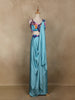 Aqua Blue Solid Design Satin Ready to Wear Draped Saree